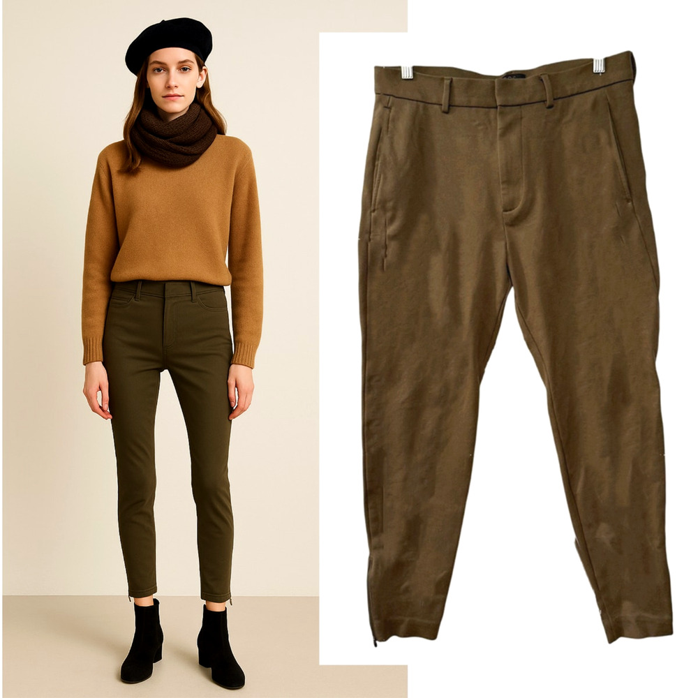 COS L Twill High Waist Taper Leg Pants $99 Zipper Hem Crop Trouser Army Green